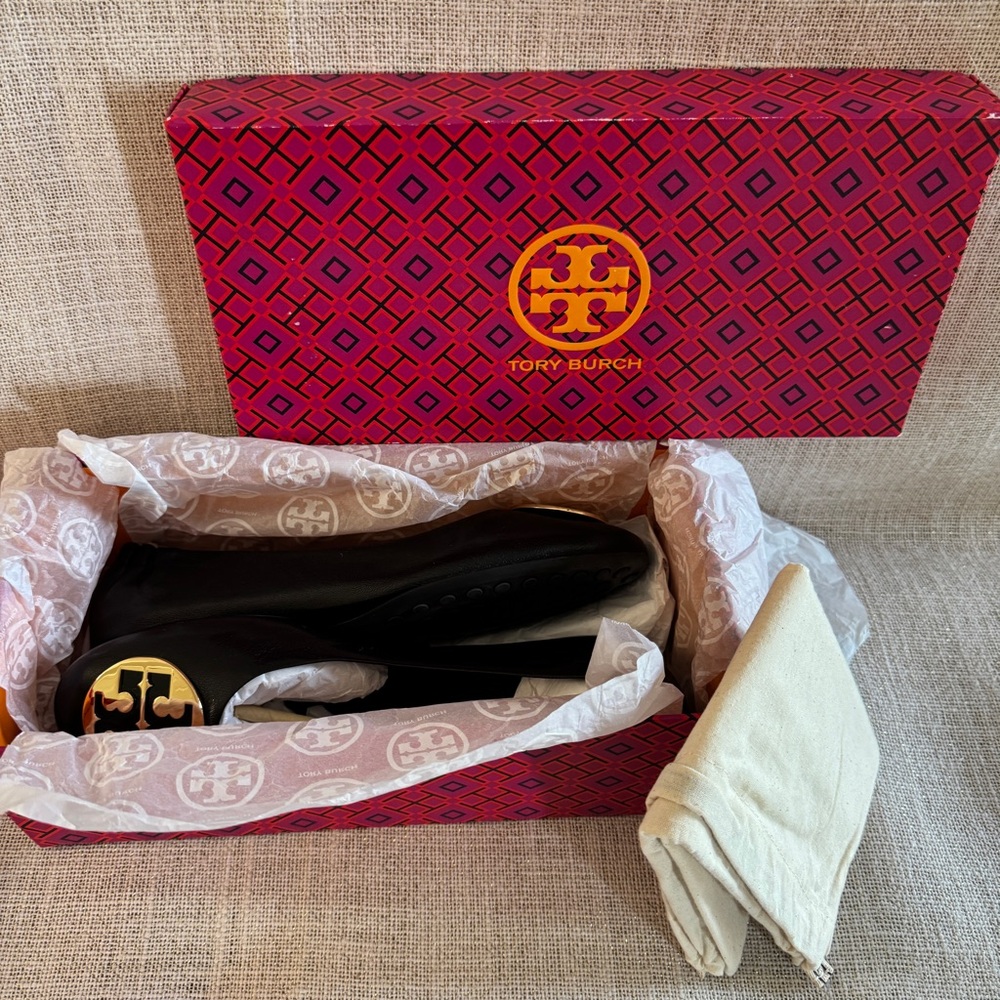 Tory Burch Black/Gold Goat Leather Claire Ballet Flats US 9 new dust bag - Picture 3 of 17